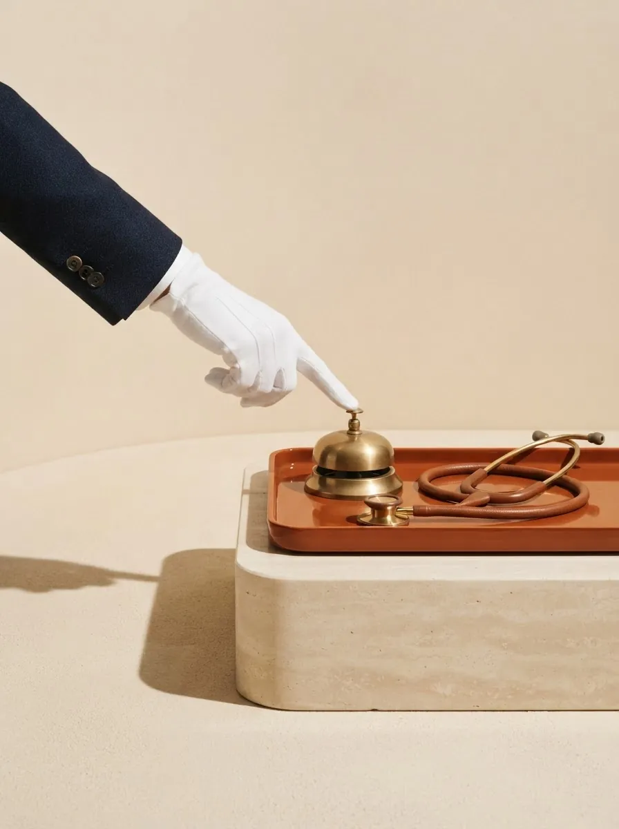 White-gloved hand ringing a brass service bell beside a stethoscope – personal service at The Health Clinic