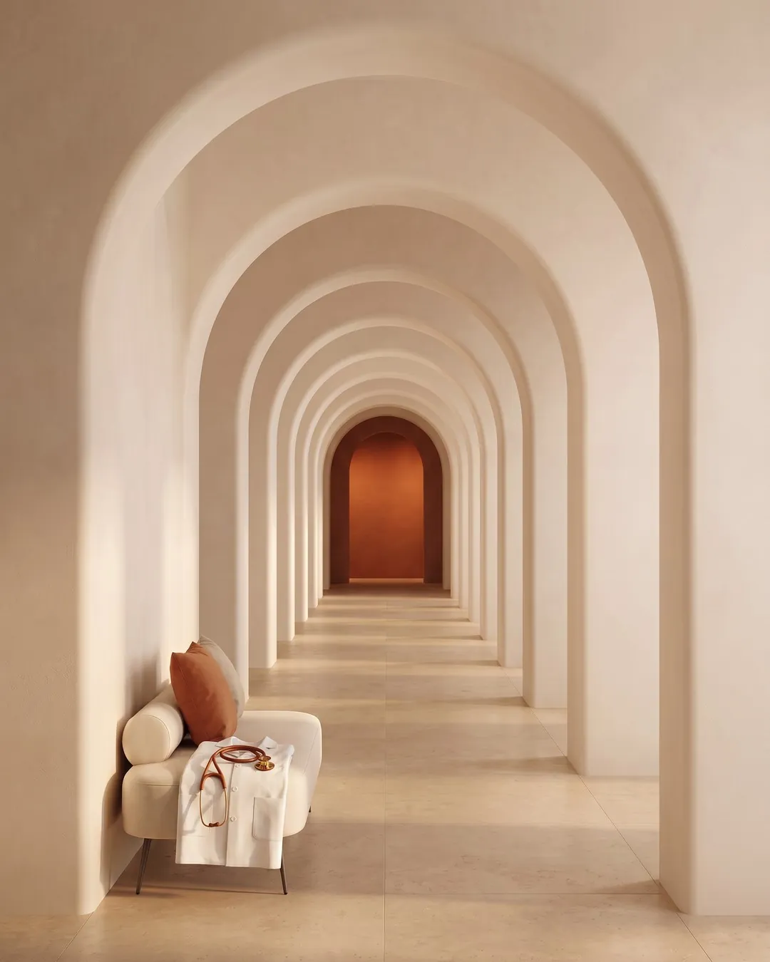 Health 360 – an ivory arched corridor leading to a terracotta room