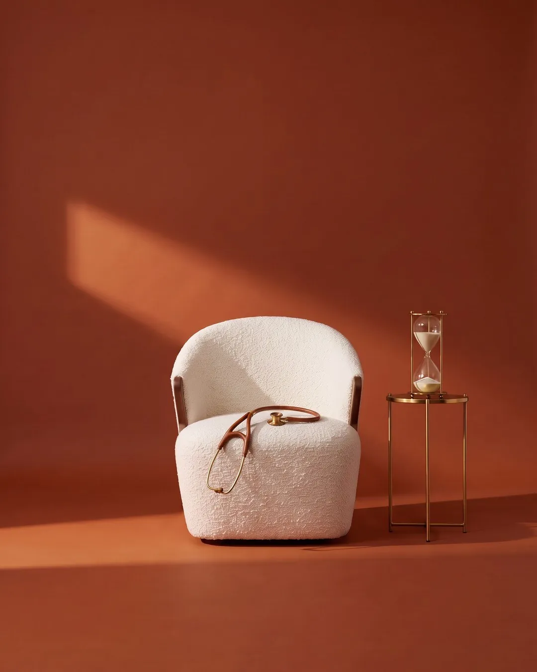 Health Baseline – white armchair with a stethoscope and an hourglass
