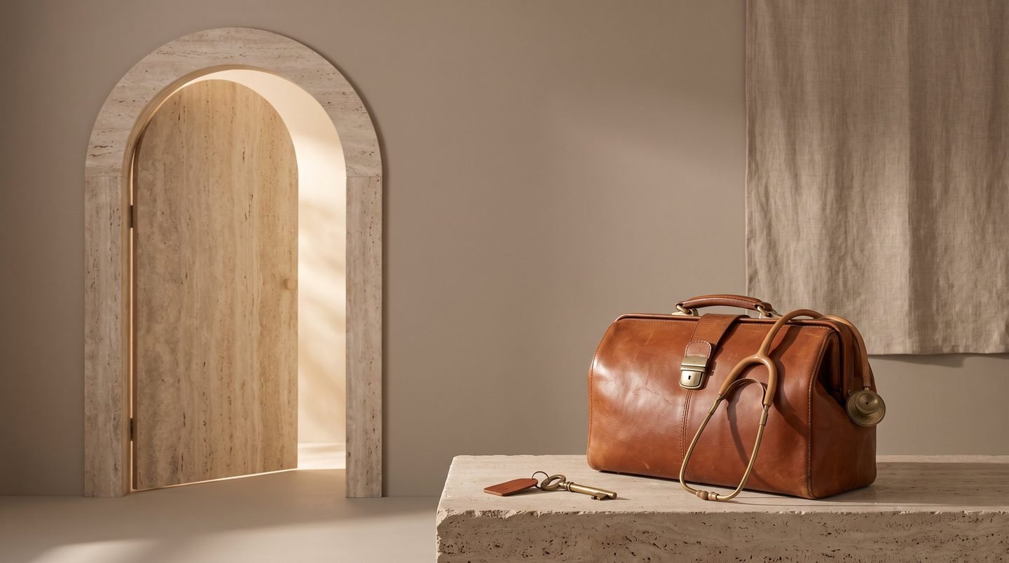 An arched travertine doorway standing ajar, a cognac leather doctor's bag, a brass stethoscope and a brass key on a stone plinth